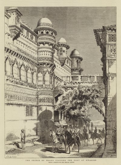 De Prins van Wales bezoekt het fort in Gwalior door Joseph Nash
